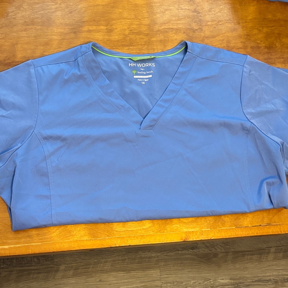 Blue healing hands scrub top